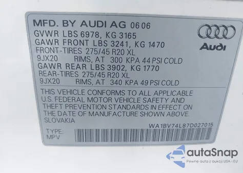 2007 Audi Q7 4.2 Quattro Premium from USA, damaged, VIN WA1BV74L87D027015